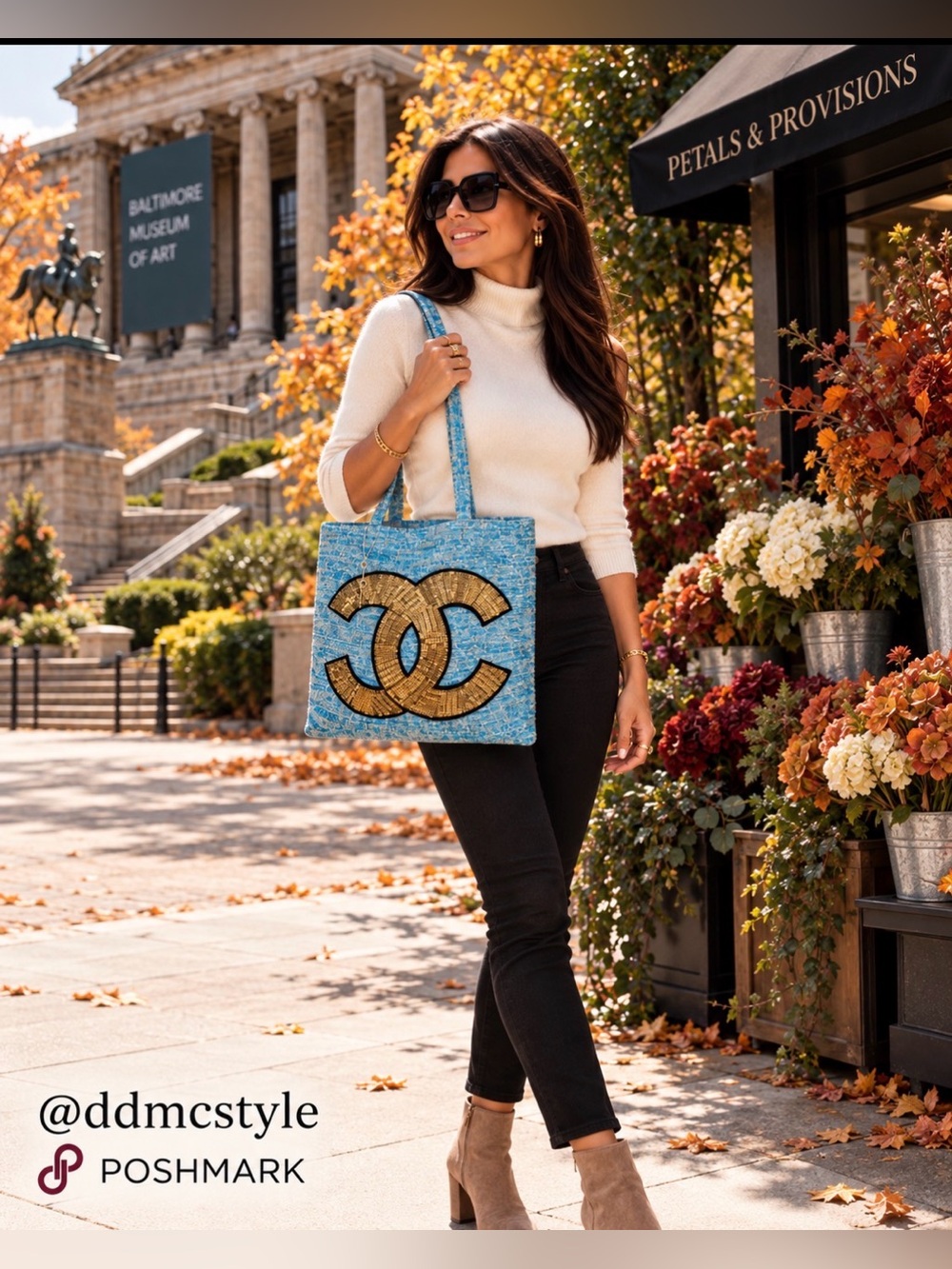 Teal Blue Tote with Gold Sequin Logo